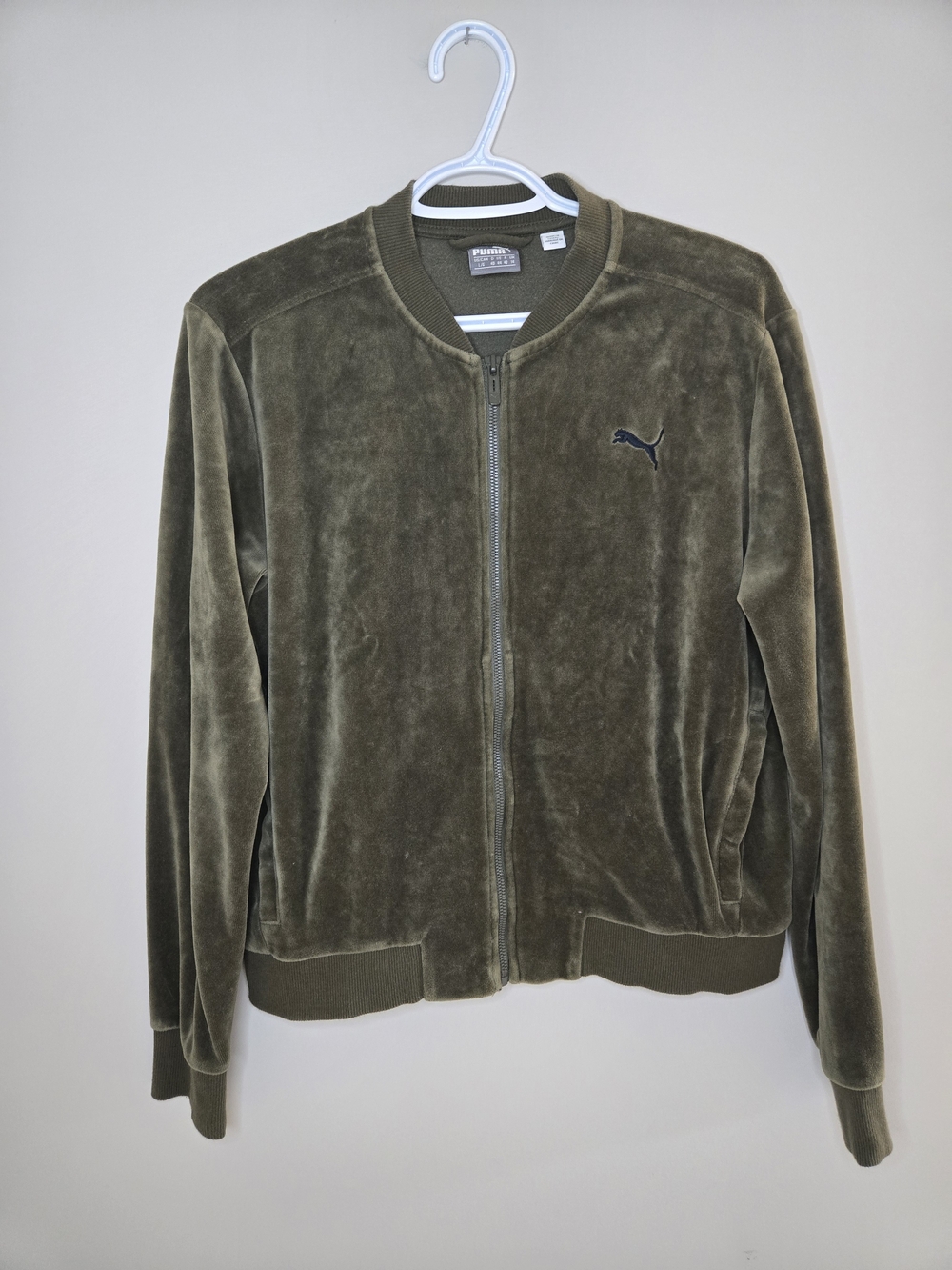 Puma Olive Green Velour Crew Zip Up Sweatshirt - Bomber Style, Size Large